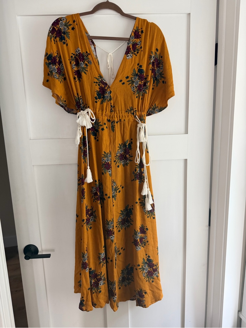 Zaful Mustard Floral Tie-Detail Midi Dress